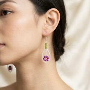 NWOT Handmade Beaded Purple Flower Drop Earrings